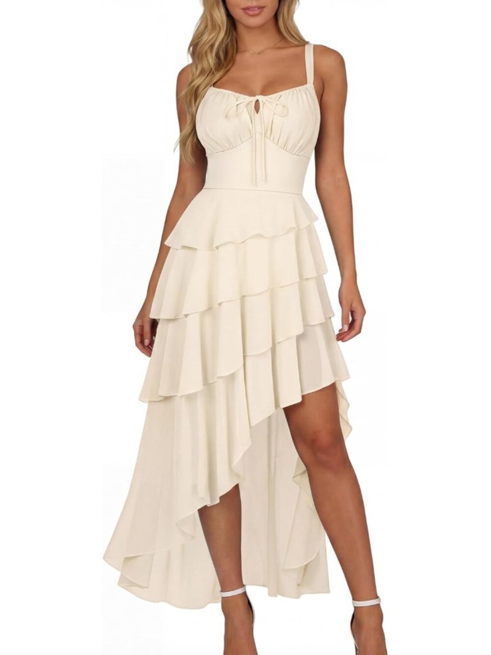 Women's Ivory Hi Low Layer Ruffle Tie Ruched Chiffon Cocktail Maxi Dress